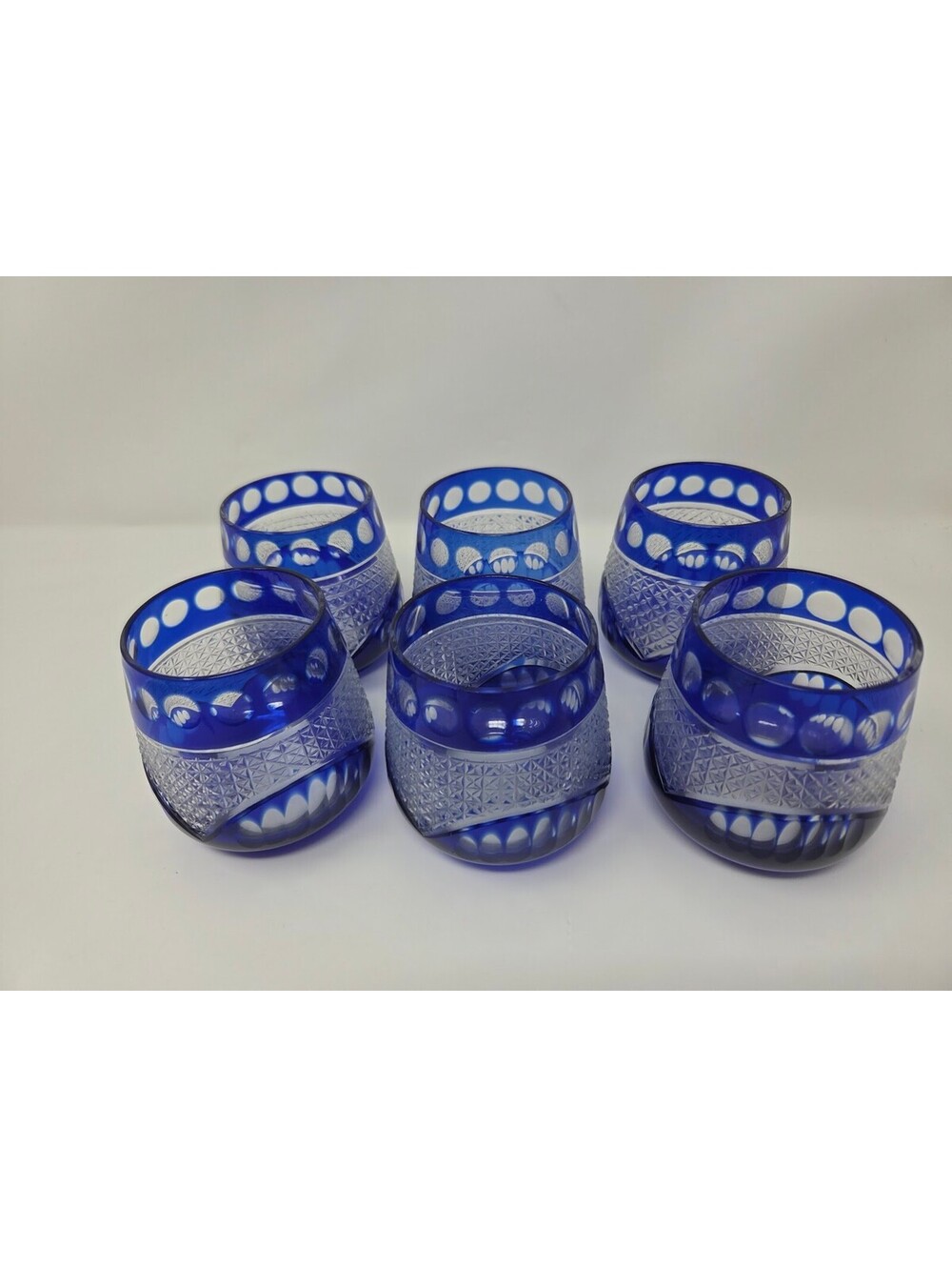 Vintage Bohemian Cobalt Blue Cut To Clear Glass Tumblers Set Of Six